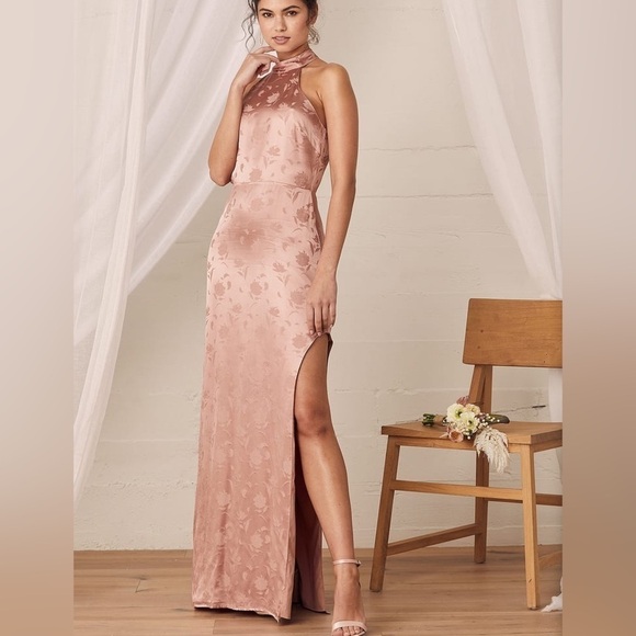 Lulus Red Carpet Ready Light Rose Floral Satin Jacquard Maxi Dress NWT Large - Picture 2 of 10